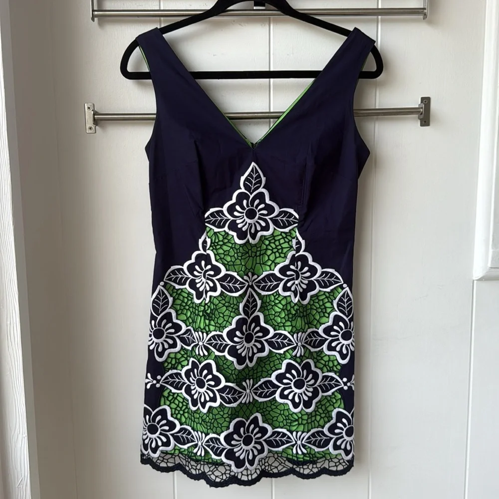 Lilly Pulitzer Sylvie Shift Dress Sleeveless Navy Blue Green Flower 0